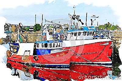 Trawler fishing red boat at Peterhead harbour in Scotland Stock Photo