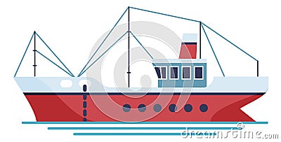 Trawler ship icon. Fishing boat with big net Vector Illustration