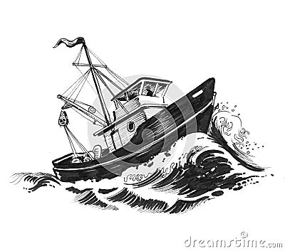 Trawler in stormy sea Cartoon Illustration