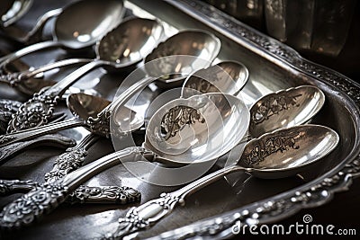tray of antique silver spoons, ready to be used for breakfast or tea Stock Photo