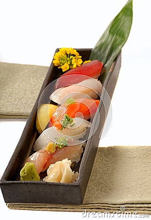 Tray of Asian sushi nigiri with lemon Stock Photo