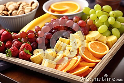 a tray of assorted fresh fruit including oranges, bananas, and grapes Stock Photo