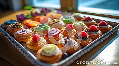 Colorful Pastries on White Tablecloth in French Patisserie Stock Photo