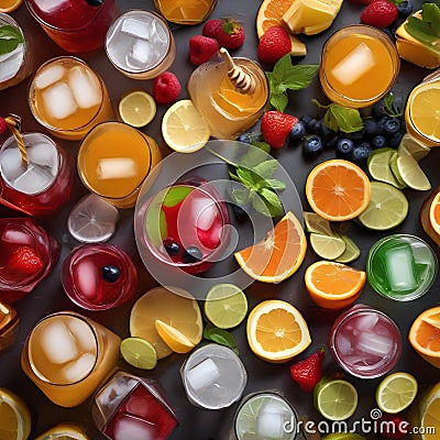 A tray of colorful iced teas with fruit slices and honey sticks2 Stock Photo