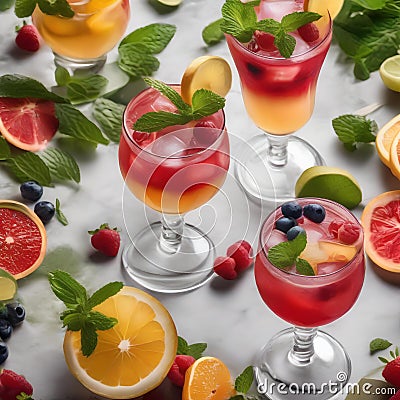 A tray of colorful mocktails garnished with fresh fruit slices and mint leaves3 Stock Photo