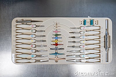 Tray contains the instruments for a finger joint prosthesis Stock Photo