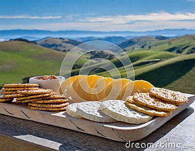 A tray of crisp crackers artis cheeses and charerie spreads set up against a backdrop Stock Photo