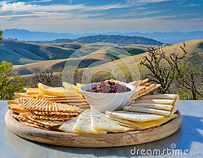 A tray of crisp crackers artis cheeses and charerie spreads set up against a backdrop Stock Photo