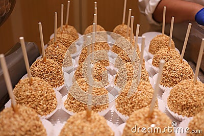 Tray of freshly made caramel apples Stock Photo