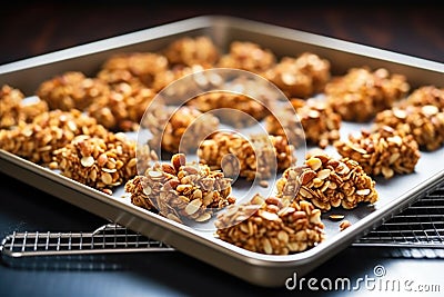 a tray of granola bars with perfect golden-brown coloration after baking Stock Photo