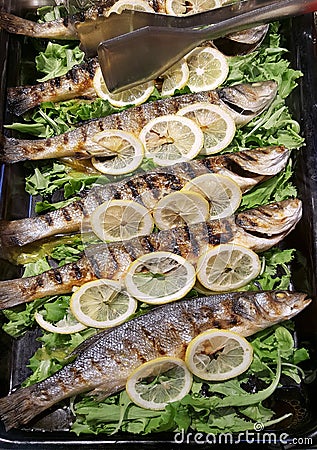 A Tray with grilled bass and lemon Stock Photo