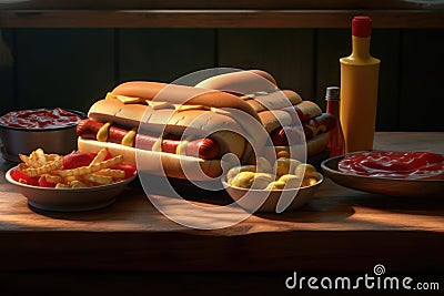 A tray with hotdogs on a wooden surface. Generative AI Stock Photo