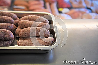 summer time raw sausages ready to barbeque Stock Photo