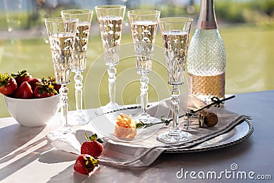 A tray of sparkling rose wine in crystal flute glasses with bright sunlight streaming in. Stock Photo