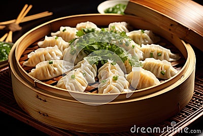 tray of steamed dumplings in bamboo steamer Stock Photo