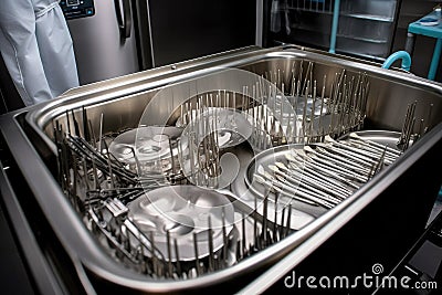 a tray of surgical instruments being sterilized in an autoclave Stock Photo