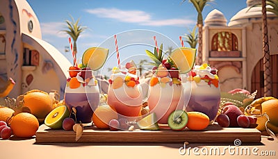 a tray topped with two glasses filled with colorful cocktails Cartoon Illustration