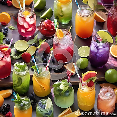 A tray of vibrant mocktails served in charming mason jars, complete with colorful straws and artistic fruit garnishes1 Stock Photo