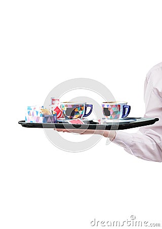 tray waiter with coffee cups- Stock Photo