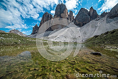 Tre Cime di Lavaredo italian Dolomite lake panorama, Trentino, Italy Stock Photo