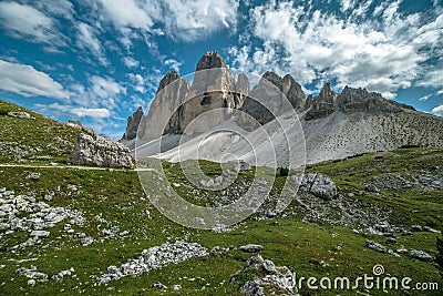 Tre Cime di Lavaredo italian Dolomite panorama, Trentino, Italy Stock Photo