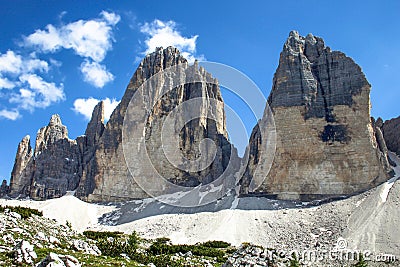 Tre Cime Three Peaks di Lavaredo Drei Zinnen , are three of the most famous peaks of the Dolomites, in the Sesto Dolomites, It Stock Photo