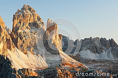 Tre Cime - Three Peaks di Lavaredo - Drei Zinnen, are three of the most famous peaks of the Dolomites, in the Sesto Dolomites. Stock Photo