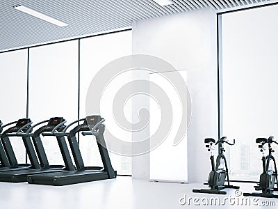 Treadmills, bicycle simulators and blank roll-up bunner. 3d rendering Stock Photo