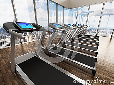 Treadmills inside a sports center in upper floors. 3D illustration Cartoon Illustration