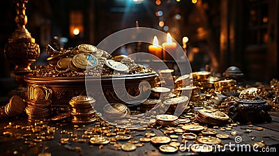 Glowing Treasure in a room with piles of gold Stock Photo