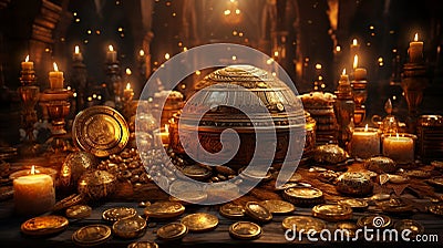 Glowing Treasure in a room with piles of gold Stock Photo