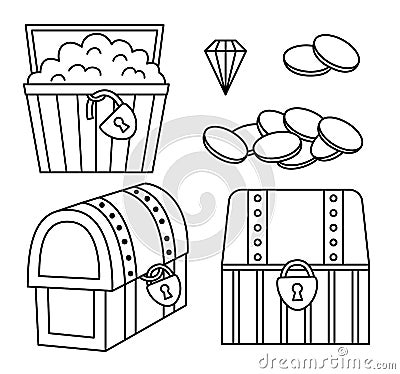 Treasure black and white chest icon set. Pirate line wooden coffers collection. Treasure island outline element or coloring page. Vector Illustration