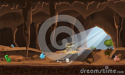 Treasure cave with chest gold coins, gems. Concept, art for computer game. Background image to use games, apps, banners Vector Illustration