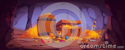 Treasure cave with gold coins in chest and barrel Vector Illustration