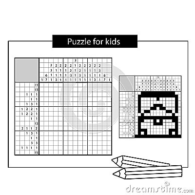 Treasure chest. Black and white japanese crossword with answer. Vector Illustration