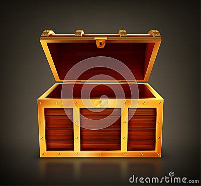 Treasure chest, empty wooden box, open casket Vector Illustration
