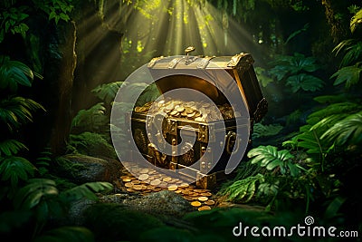 A treasure chest filled with gold coins is discovered in a mystical fairy forest cave, the scene painted in shades of Stock Photo