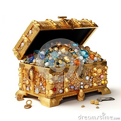 Treasure chest full of gold and jewels isolated on white created with Generative AI Stock Photo