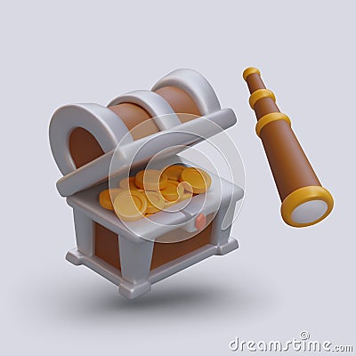 Treasure chest with gold coins and spyglass. Collection for computer game Vector Illustration
