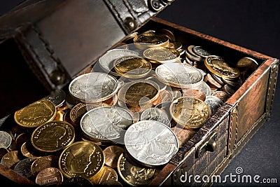 Treasure Chest with Gold and Silver Stock Photo