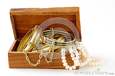 Treasure chest jewelry, bracelets and pearl Stock Photo