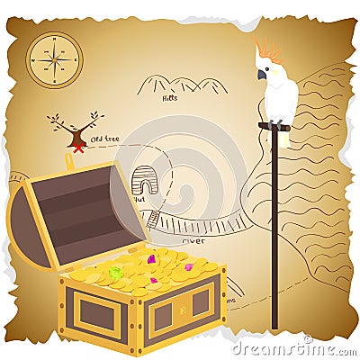 Treasure chest with map. Pirate treasure. Parrot Cockatoo sits in the vault of the treasure. Cartoon Illustration