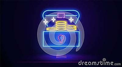 Treasure chest neon sign. Pirates and adventure design. Night bright neon sign, colorful billboard, light banner. Vector Vector Illustration