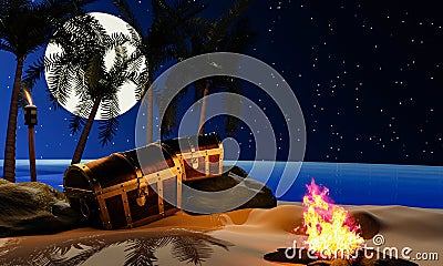 The treasure chest opened, the light shone, god ray. Pirate`s treasure chest on a sandy beach, deserted island, pirate ships Stock Photo