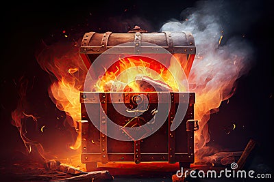 treasure chest, surrounded by flames and smoke, in a fire-themed setting Stock Photo