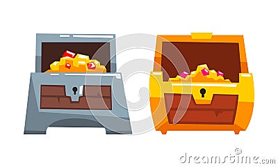 Treasure Chests Set, Opened Antique Chest Full of Gold and Precious Stones Cartoon Vector Illustration Vector Illustration