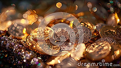 Treasure Hoard Bokeh Focus Soft Diffuse Amber Light Glistening Stock Photo
