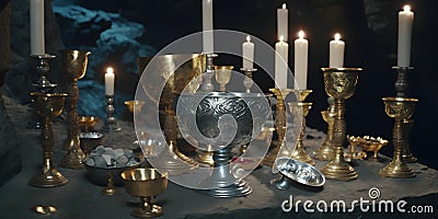 treasure hunt, jewels kept hidden by pirates, loot from thefts, glittering gold, goblets and candles, spoils of war Stock Photo