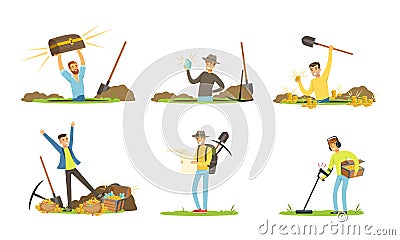 Treasure Hunter Holding Metal Sensor and Spade Looking For Gemstones Vector Illustrations Set Vector Illustration