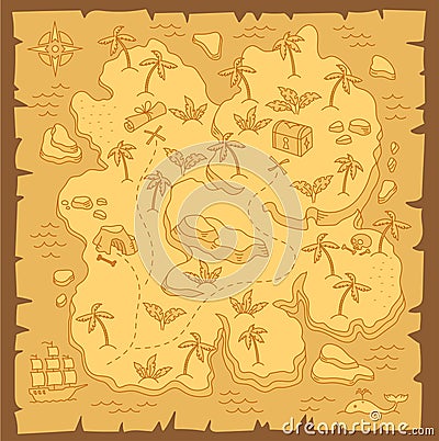 Treasure Island map. Pirates Isle adventure. Sea ship. Board game chest. Hand drawn vector line. Open paths. Editable Vector Illustration